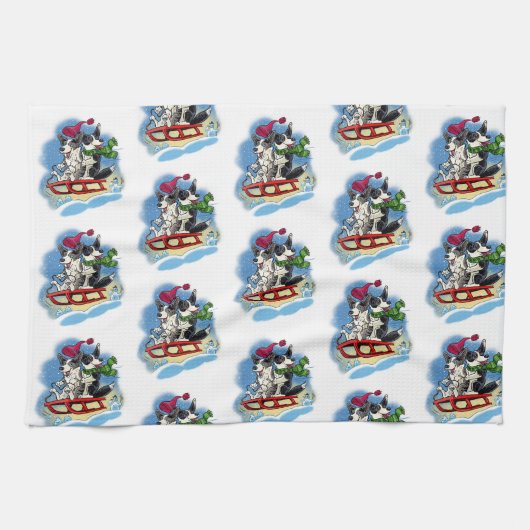 雪の中のコーギー キッチンタオル (横)