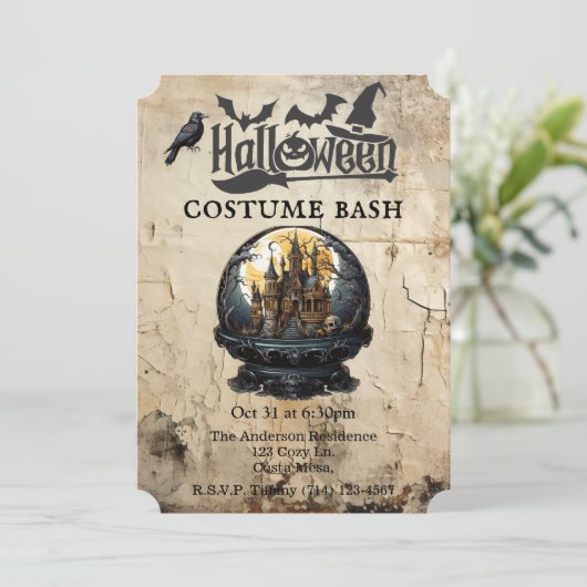 雪の中のゴシック様式の家ハロウィーンの衣装パーティー 招待状 (スタンド正面)