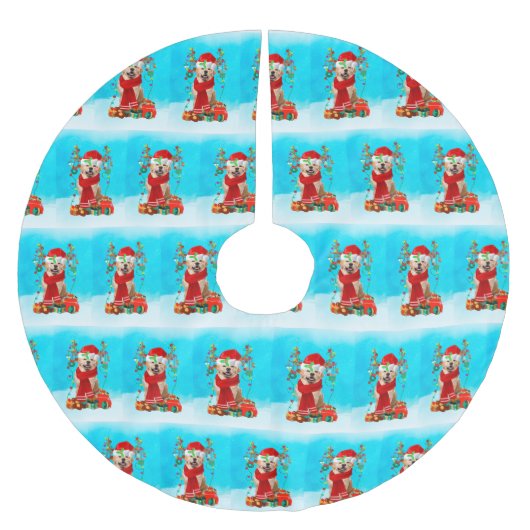 雪の中のゴールデンレトリバーとクリスマスプレゼント ブラッシュドポリエステルツリースカート (正面)