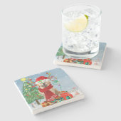 雪の中のゴールデンレトリバー犬とクリスマスプレゼント ストーンコースター (横)