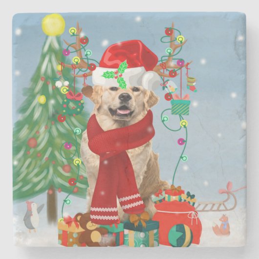 雪の中のゴールデンレトリバー犬とクリスマスプレゼント ストーンコースター (正面)