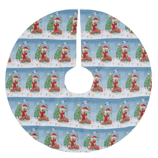 雪の中のゴールデンレトリバー犬とクリスマスプレゼント ブラッシュドポリエステルツリースカート (正面)