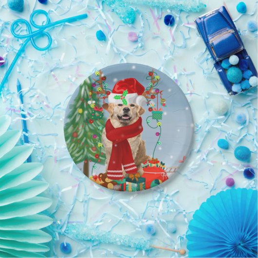 雪の中のゴールデンレトリバー犬とクリスマスプレゼント ペーパープレート (パーティー)