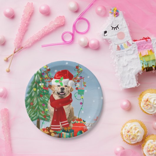 雪の中のゴールデンレトリバー犬とクリスマスプレゼント ペーパープレート (パーティー)