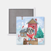 雪の中のサンバーナード犬クリスマスドッグハウス マグネット (正面/裏面)