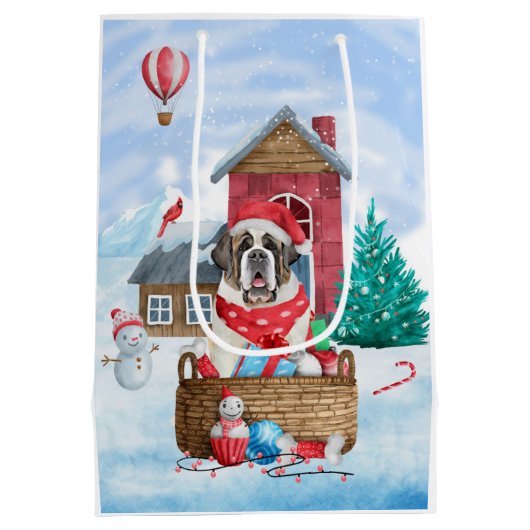 雪の中のサンバーナード犬クリスマスドッグハウス ミディアムペーパーバッグ (裏面)