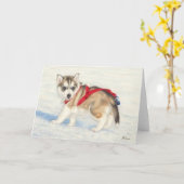 雪の中のシベリアのハスキーの子犬 カード (黄色い花)