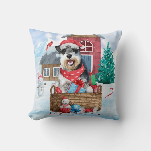 雪の中のシュナウザー犬 クリスマスの犬小屋 クッション (正面)