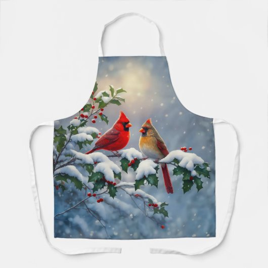 雪の中のショウジョウコウカチョウとヒイラギ エプロン (正面)