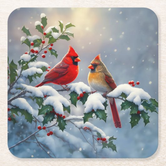 雪の中のショウジョウコウカチョウとヒイラギ スクエアペーパーコースター (正面)