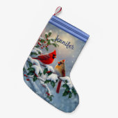 雪の中のショウジョウコウカチョウとヒイラギ スモールクリスマスストッキング (正面 (吊り時))