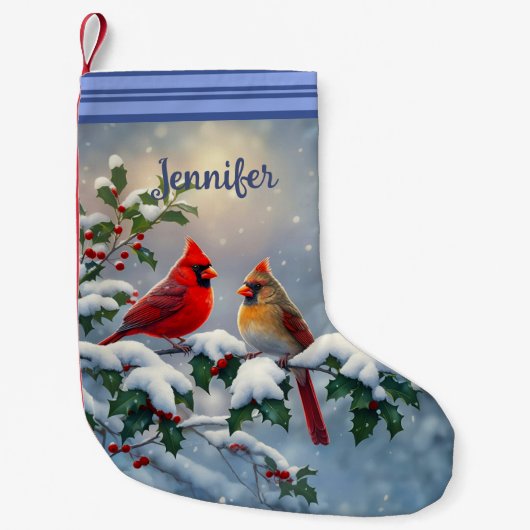 雪の中のショウジョウコウカチョウとヒイラギ スモールクリスマスストッキング (正面)