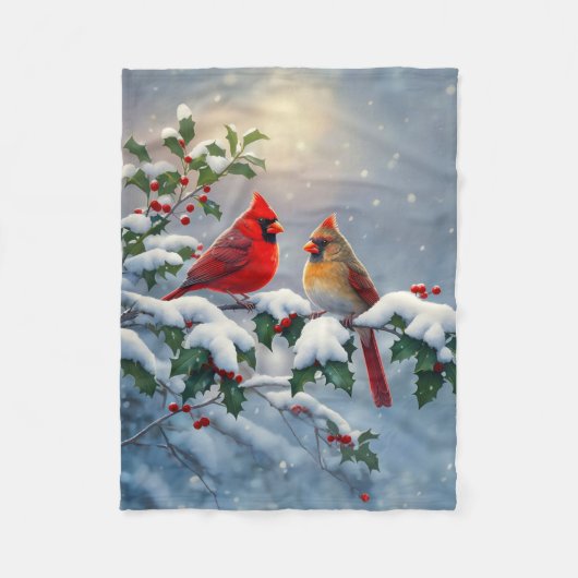 雪の中のショウジョウコウカチョウとヒイラギ フリースブランケット (正面)