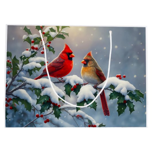 雪の中のショウジョウコウカチョウとヒイラギ ラージペーパーバッグ (裏面)