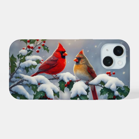 雪の中のショウジョウコウカチョウとヒイラギ iPhone 15ケース (裏面横)