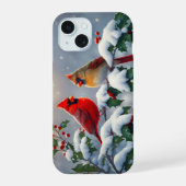 雪の中のショウジョウコウカチョウとヒイラギ iPhone 15ケース (裏面)