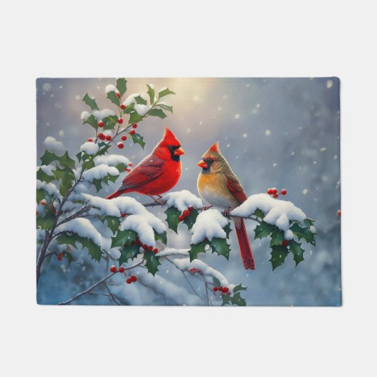 雪の中のショウジョウコウカンチョウとヒイラギ ドアマット (正面)