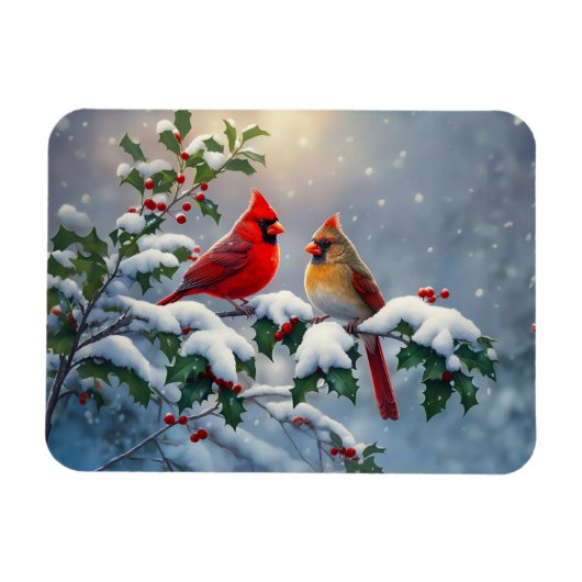 雪の中のショウジョウコウカンチョウとヒイラギ マグネット (横)