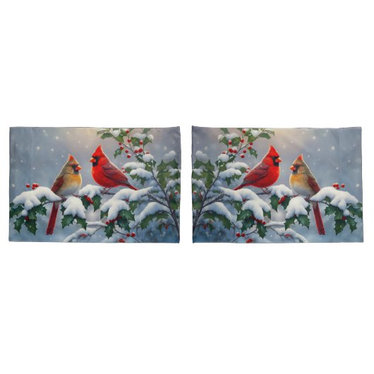 雪の中のショウジョウコウカンチョウとヒイラギ 枕カバー (バックセット)