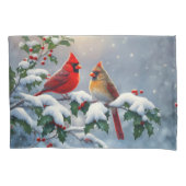 雪の中のショウジョウコウカンチョウとヒイラギ 枕カバー (正面左)