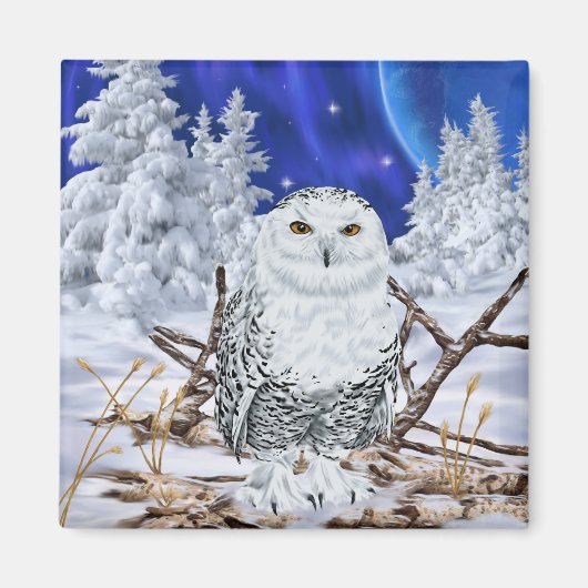 雪の中のシロフクロウ マグネット (正面)