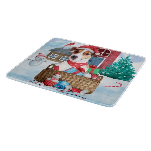 雪の中のジャック・ラッセル犬のクリスマスドッグハウス カッティングボード (角)