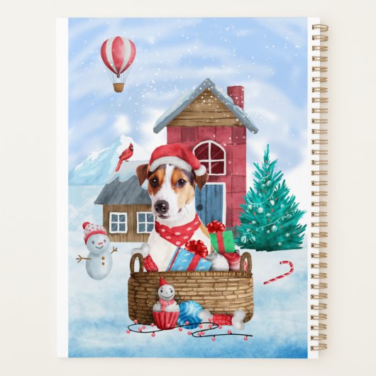 雪の中のジャック・ラッセル犬のクリスマスドッグハウス プランナー手帳 (裏面)