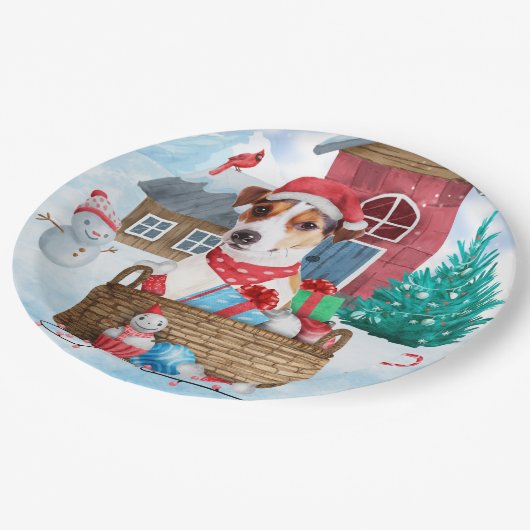雪の中のジャック・ラッセル犬のクリスマスドッグハウス ペーパープレート (アングル)