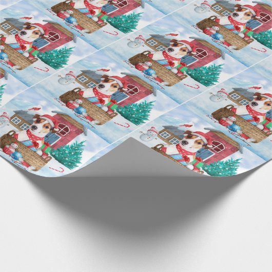 雪の中のジャック・ラッセル犬のクリスマスドッグハウス ラッピングペーパー (角)