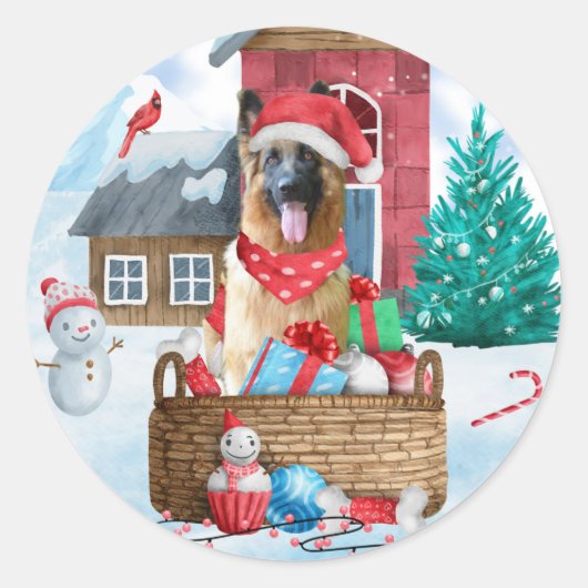 雪の中のジャーマンシェパードの犬のクリスマス犬小屋 ラウンドシール (正面)