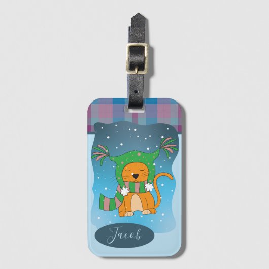 雪の中のジンジャーキャット |冬の荷物タグ ラゲッジタグ (正面縦)