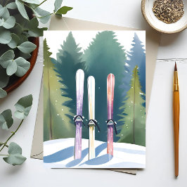 雪の中のスキー | 冬の森のスキーヤー 水彩画 ポストカード