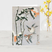 雪の中のスズメとツバキ安藤広重 カード (黄色い花)