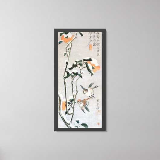 雪の中のスズメとツバキ安藤広重 キャンバスプリント (正面)