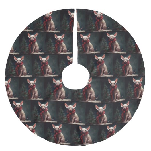 雪の中のスフィンクス犬 ブラッシュドポリエステルツリースカート (正面)