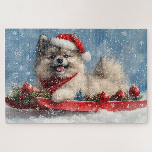 雪の中のスレッジのケースホンド犬 クリスマス ジグソーパズル (横)