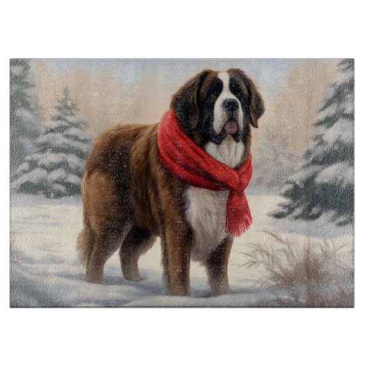 雪の中のセントバーナード犬 クリスマス カッティングボード (正面)