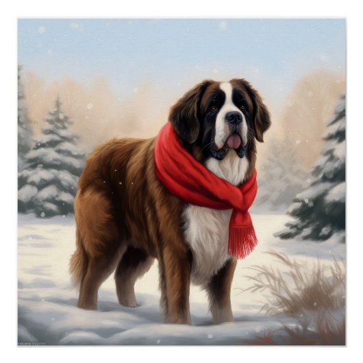 雪の中のセントバーナード犬 クリスマス ポスター (正面)