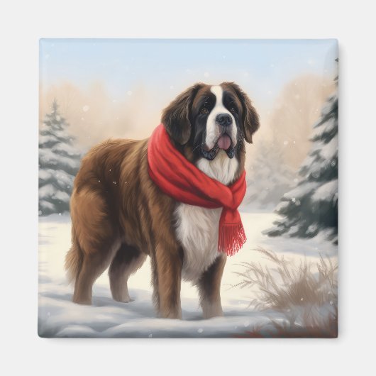 雪の中のセントバーナード犬 クリスマス マグネット (正面)