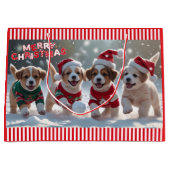 雪の中のセーター遊のクリスマスの子犬 ラージペーパーバッグ (正面)