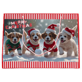 雪の中のセーター遊のクリスマスの子犬 ラージペーパーバッグ
