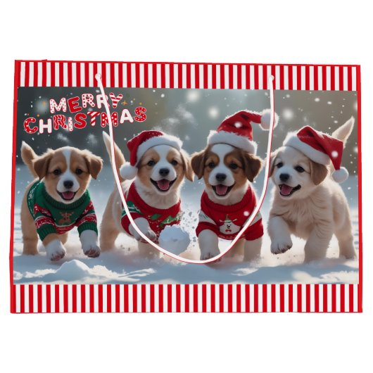 雪の中のセーター遊のクリスマスの子犬 ラージペーパーバッグ (裏面)