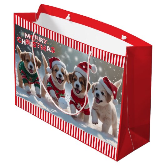雪の中のセーター遊のクリスマスの子犬 ラージペーパーバッグ (裏面アングル)
