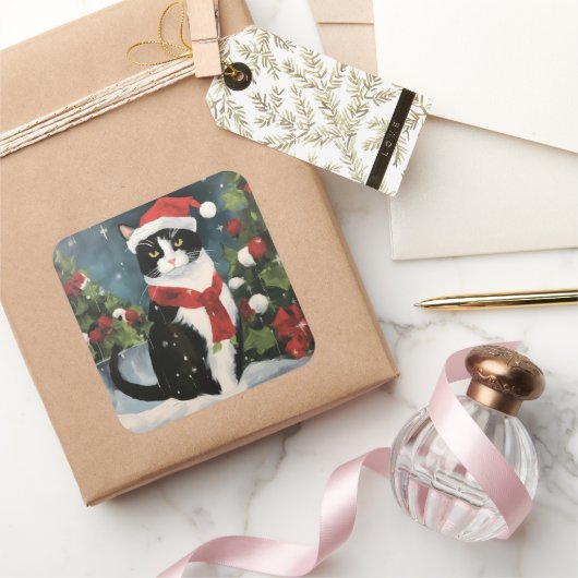 雪の中のタキシード猫 スクエアシール (ギフト)