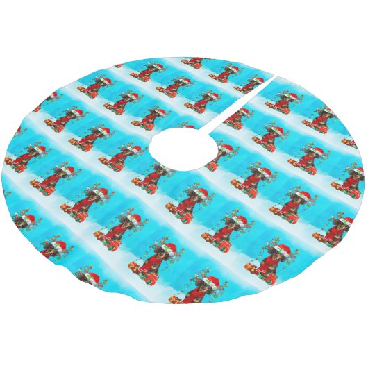 雪の中のダックスシュントとクリスマスプレゼント ブラッシュドポリエステルツリースカート (アングル)