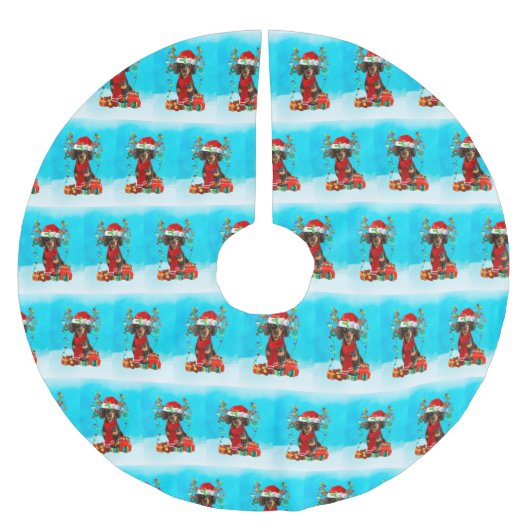 雪の中のダックスシュントとクリスマスプレゼント ブラッシュドポリエステルツリースカート (正面)