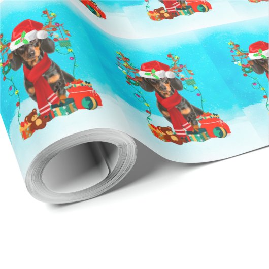 雪の中のダックスシュントとクリスマスプレゼント ラッピングペーパー (ロールコーナー)