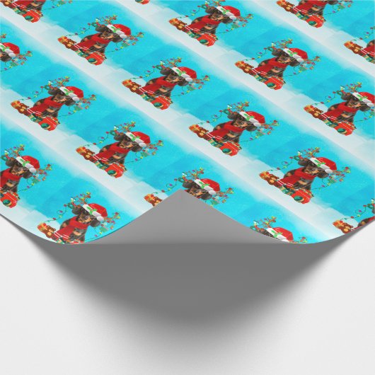 雪の中のダックスシュントとクリスマスプレゼント ラッピングペーパー (角)