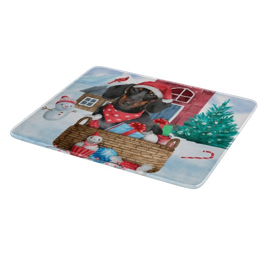 雪の中のダックスシュント犬の家 カッティングボード (角)