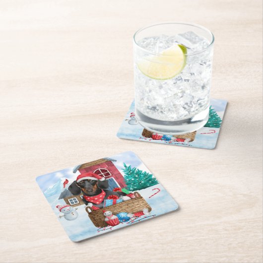 雪の中のダックスシュント犬の家 スクエアペーパーコースター (インサイチュ)